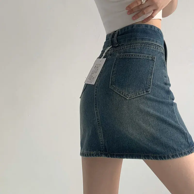 Denim Skirt Belt Buttons 2024 New Blue Fashion High Waist Mini Skirts Y2K Retro Sweet Sexy Streetwear Summer Women Skirt