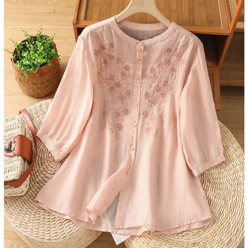 

Embroidered Cotton Linen Small Stand-up Collar Shirt Female 2026 New Summer Light Cool Age-reducing Pink Linen Half-sleeve Top