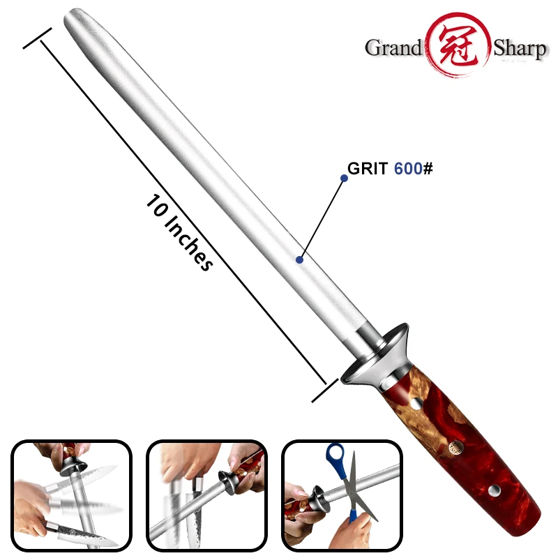 10 Inch Diamond Sharpener Rod Kitchen Knife Accessories Stainless Steel Comfortable Sharpener Stone Tool Knife Honing Grandsharp