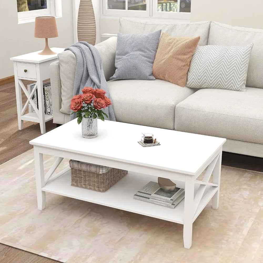 White Coffee Table Classic X Design for Living Room, Rectangular Modern Cocktail Table with Storage Shelf, 39 Inch