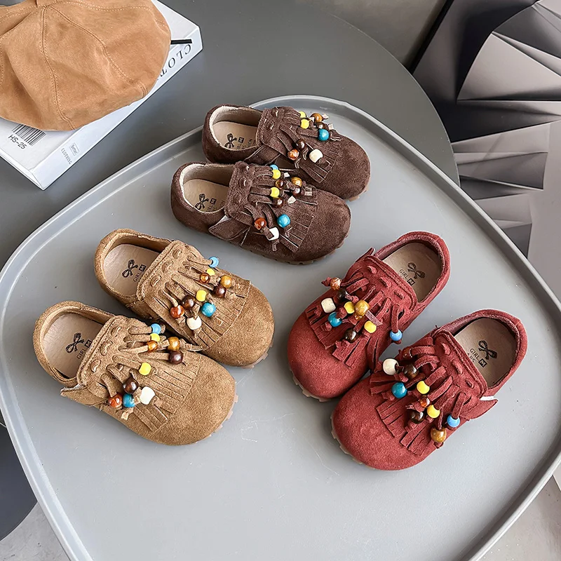 

Мокасины для девочек с милыми кисточками, детские туфли на плоской подошве с круглым носком, этнический стиль, осень 202, новые детские туфли принцессы с мягкой подошвой