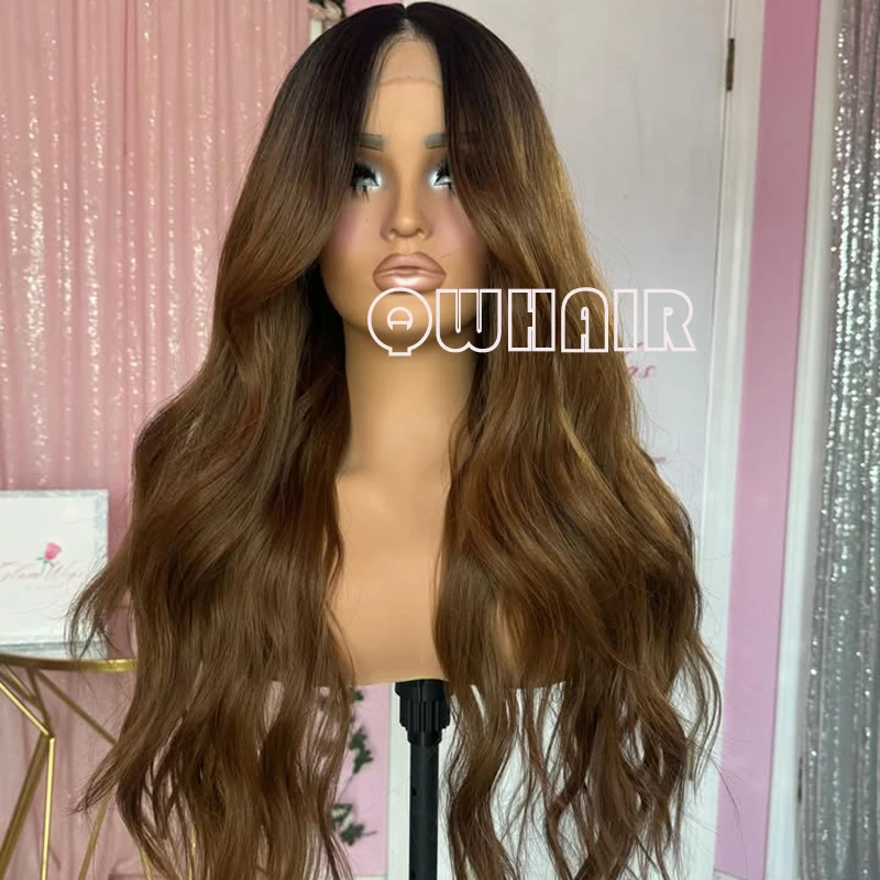 

QW Synthetic Hair Ombre Brown Body Wave Soft Lace Front Wig For Women Hair Heat Resistant Fiber Cosplay Daily
