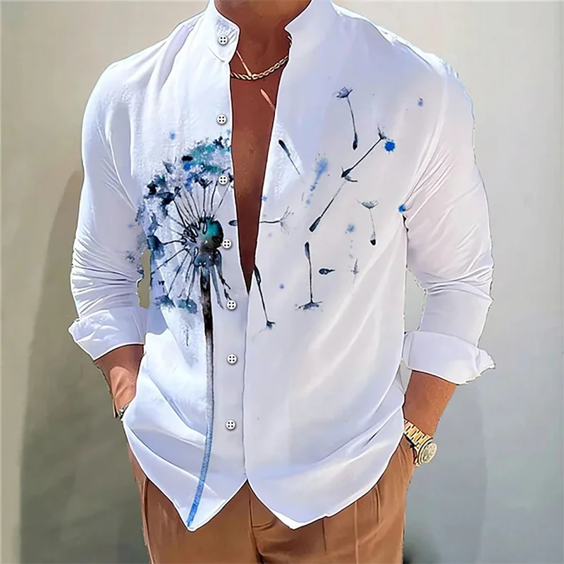 2024 men\'s shirt 3D printed casual daily outdoor street standing collar long sleeved shirt fashionable and comfortable