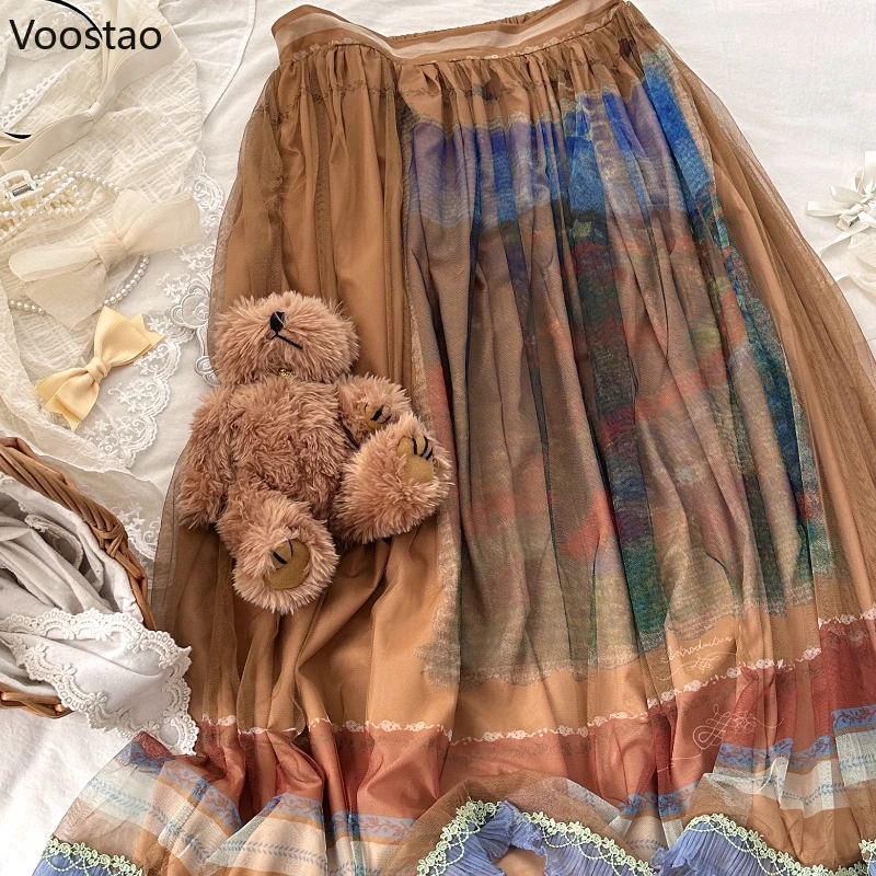 Sweet Midi Skirt Women Elegant Vintage Oil Painting Print Lace Ruffles Mesh Long Skirts Female Casual Chic Party Skirt Autumn