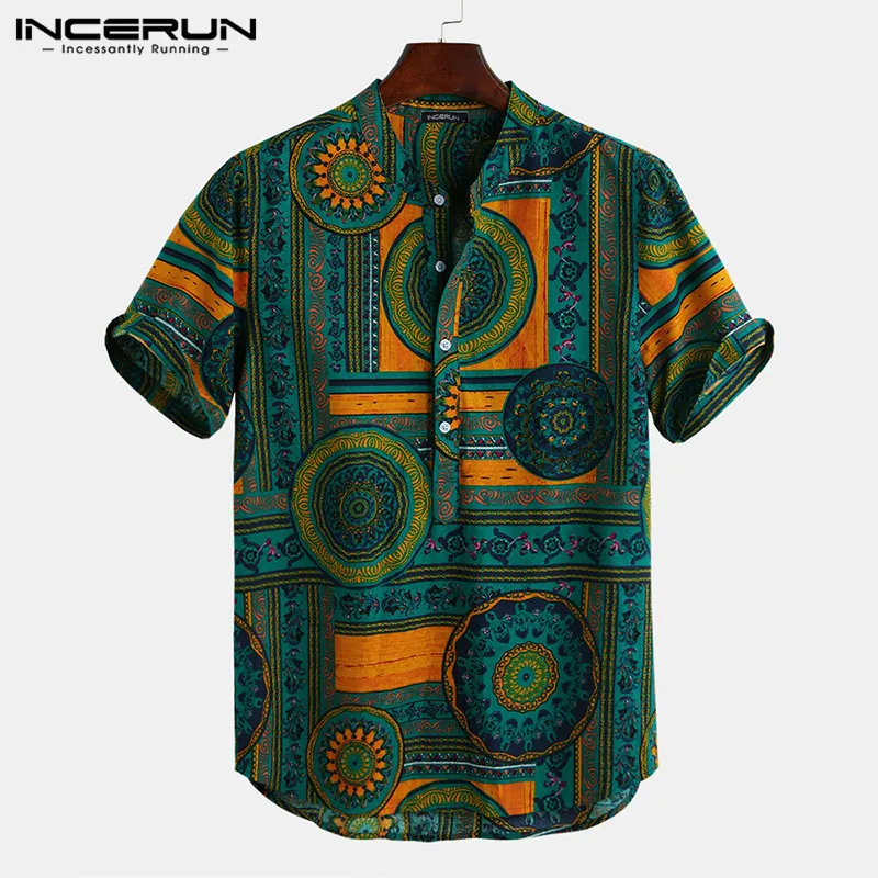 INCERUN-camisa informal con estampado Vintage para hombre, ropa de calle de manga corta con cuello levantado, S-5XL de ocio, vacaciones, 2024