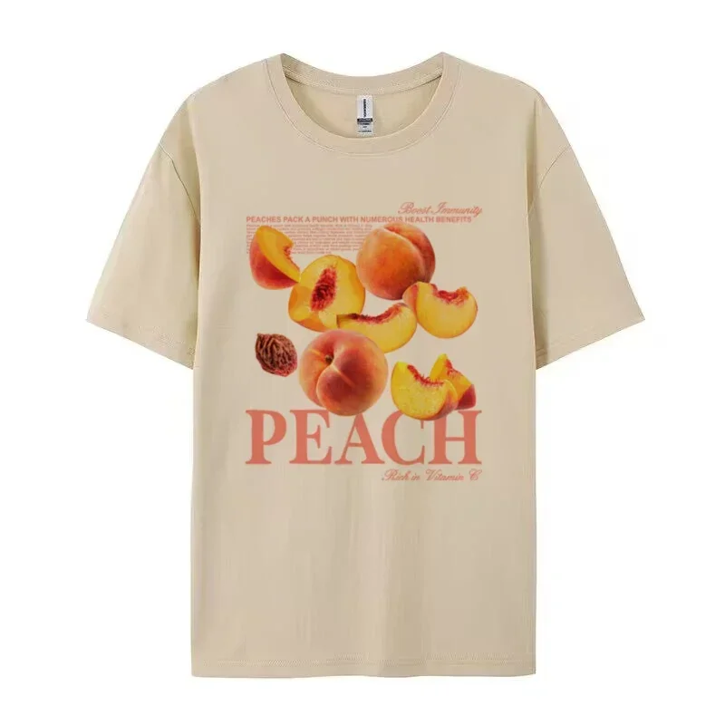 100% Cotton T Shirt Cute Fruit Peach Graphic Tees Vintage Printed T-Shirts For Women Loose Short Sleeve Retro Hippie Top Blouse