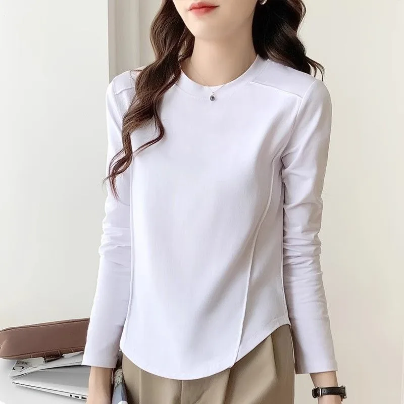 

Autumn Winter Thin Long-sleeved Bottoming Shirt for Women Fashionable Fishbone Design Irregular Curved Hem Inner Top