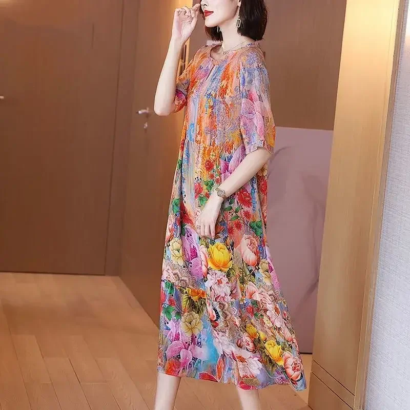 Elegant Floral Genuine Silk Dress 2024 Summer New Loose-Fit Slimming Mulberry Silk Long Dress For Beach Outfits