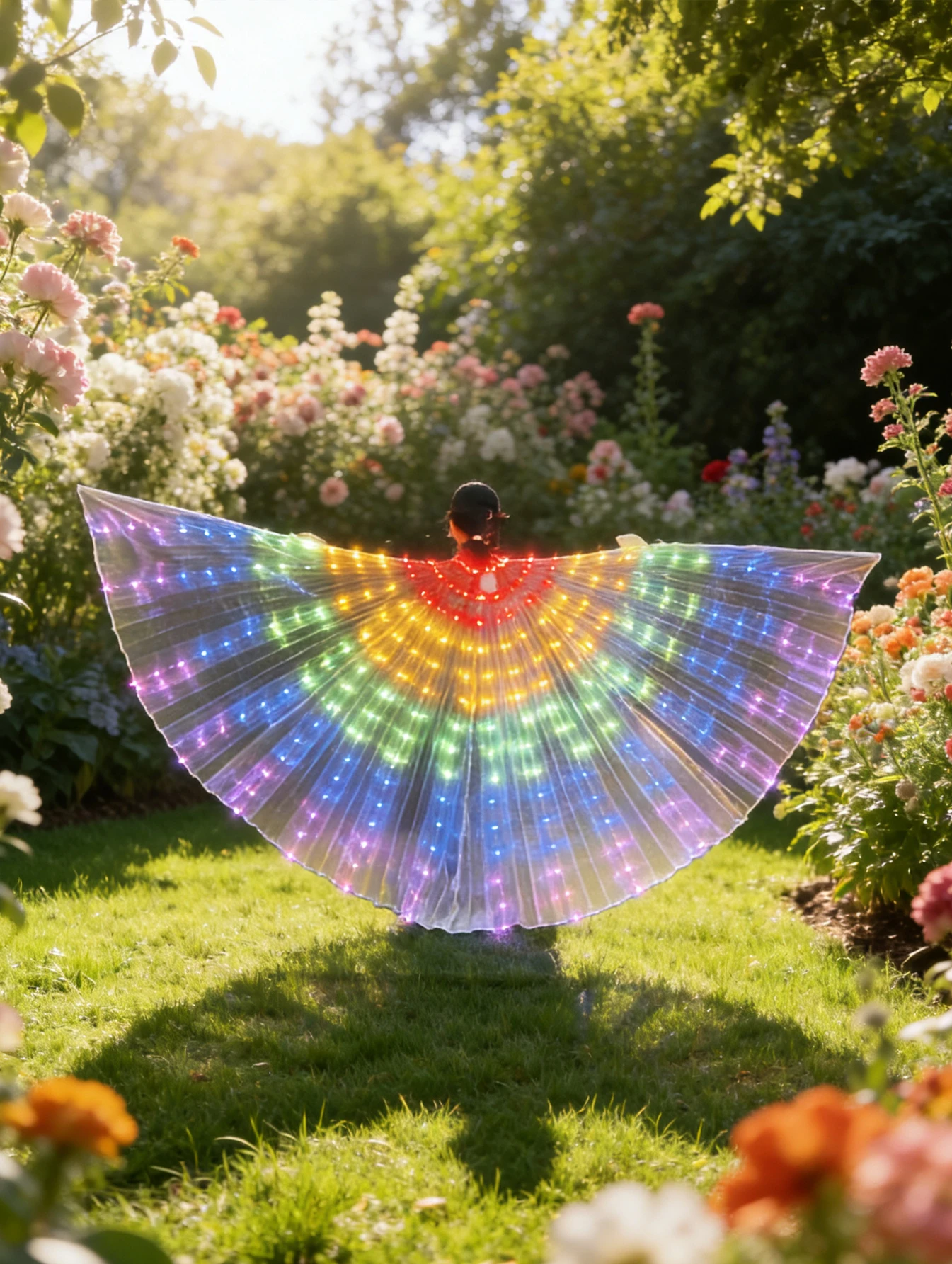 Colorful, glowing wings, as if wearing a whole rainbow, create a miniature rainbow storm with every flap of the wings (batteries