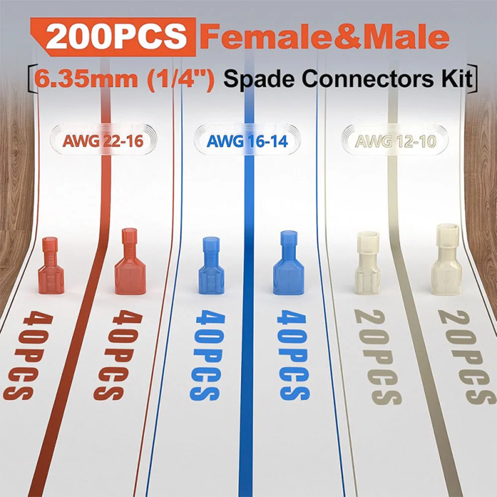 200 Stück Nylon-Flachsteckverbinder, 22-10 AWG Stecker und Buchse, elektrische Kabelverbinder, isolierte Crimpklemmen – Detail 2