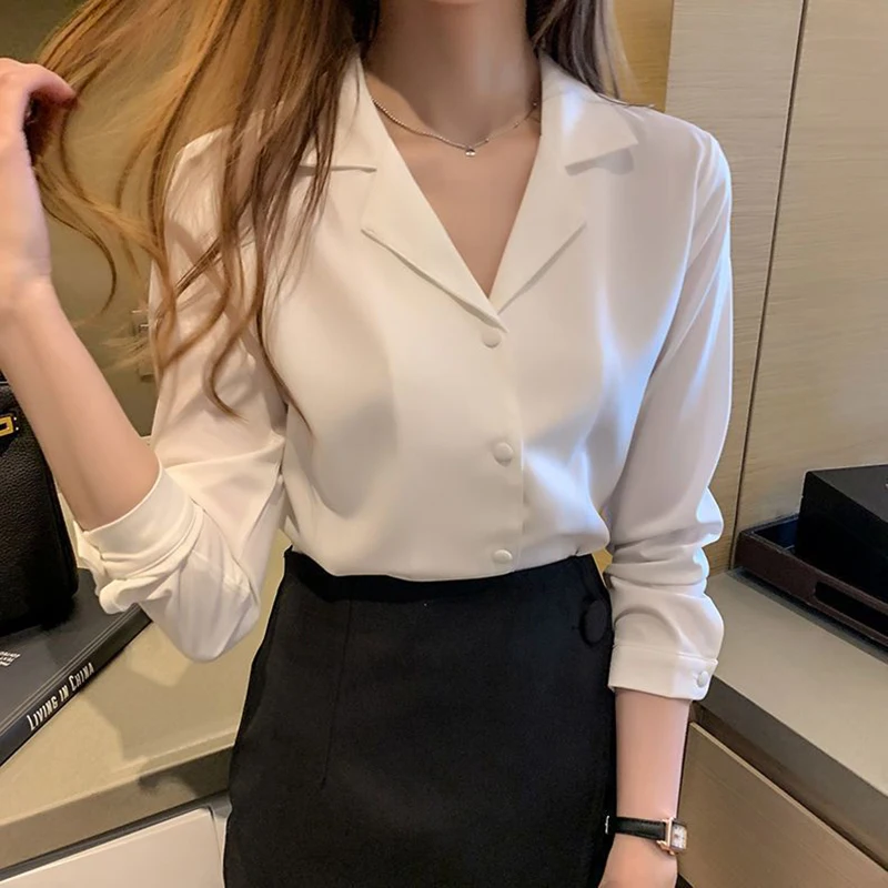 

Women Chiffon Shirt Elegant Korean Solid Casual Long Sleeves Blouse Office Lady Long Sleeve Single Breasted Notched Collar Tops