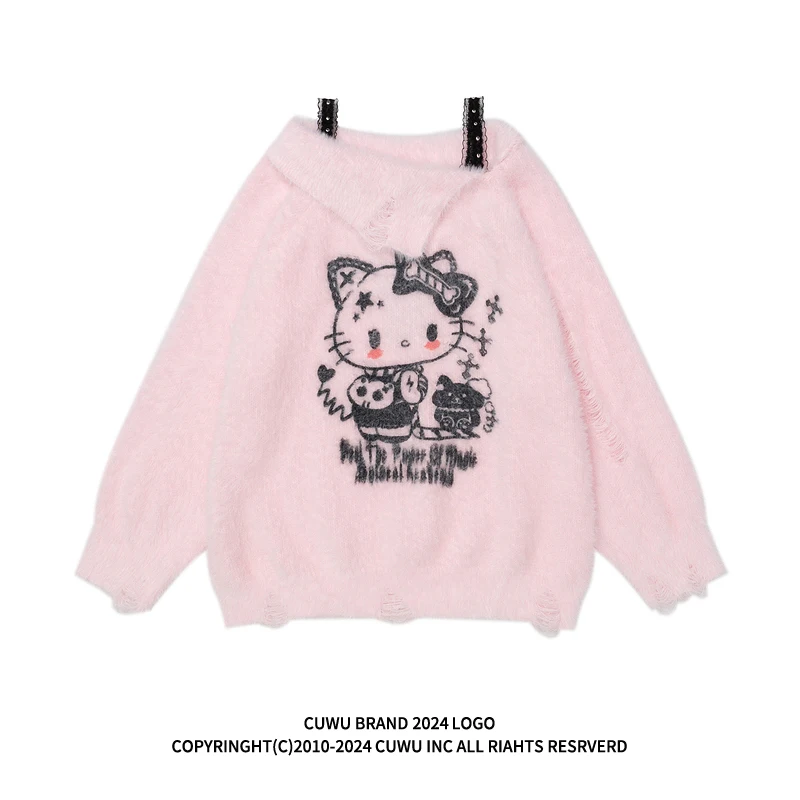 

Y2K Kawaii Hello Kitty Women's Off-Shoulder Plush Sweater Autumn and Winter Thicken Knitwear Cartoon Soft Tops Winter Warmth New