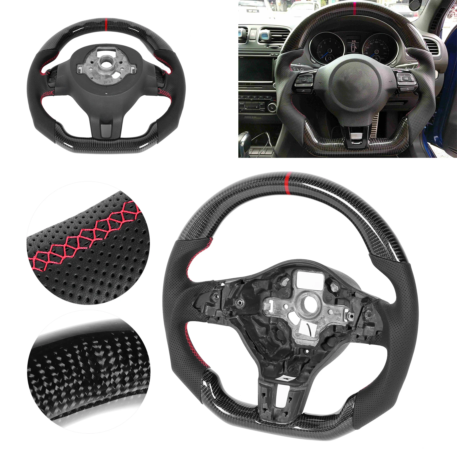 Drifting Wheel Racing Steering Wheel Carbon Fiber Steering Wheel Nappa Perforated Leather Direct Fit for MK6/GTD 2009‑2013