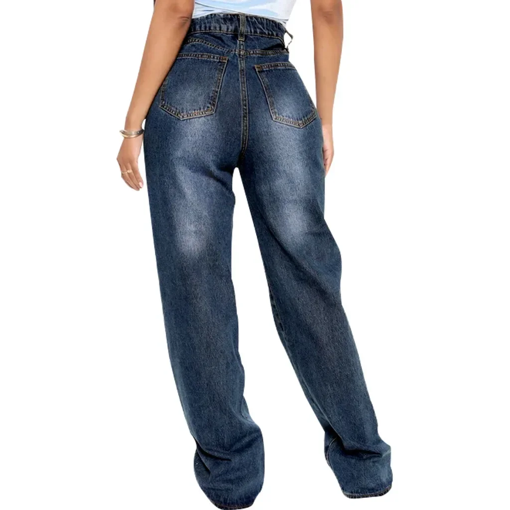 Denim Pant Women Hole Long Jeans High Waist Straight Trousers Casual Button Zipper Washing Pants Solid Streetwear Splice