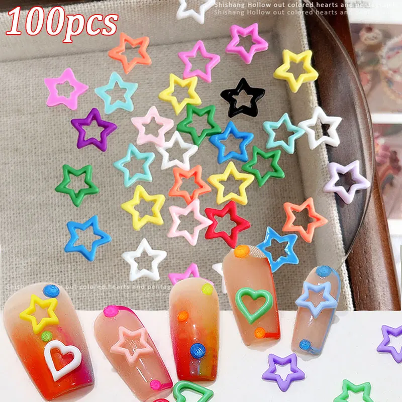 100 Stück Y2K Bunte Mini Hohlstern Nail Art Charms Harz 8mm Niedliche Stern Herz Nageldekorationen 3D FlatBottom Matte Sterne Nägel