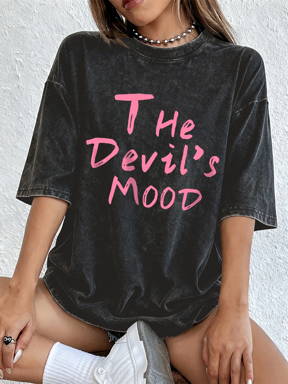 The Devil'S Mood Letters Printing Washed T-Shirts Womens Cotton Short Sleeve Tops Street O-Neck Oversize T Shirt Summer Clothes