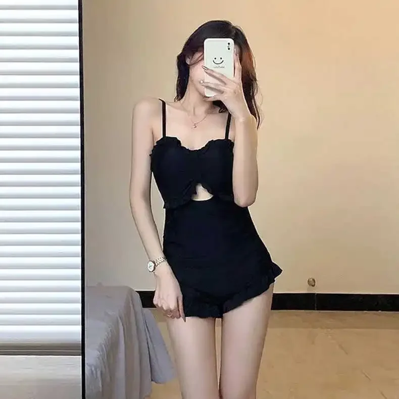 Korea One Piece Swimsuit Women Solid Swimwear Skirt Monokini Push Up Swim Suit Pleated Sexy Camisole Bandeau Pad Bathing Suit