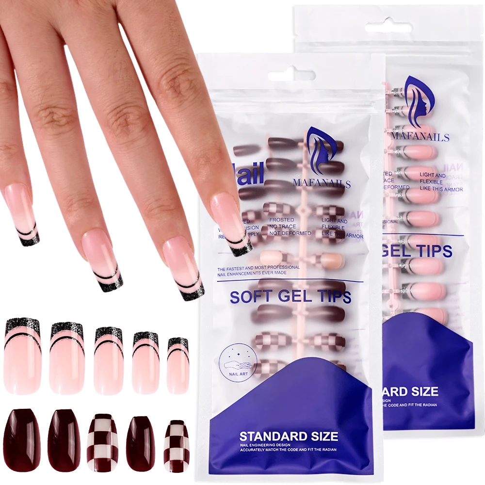 120Pcs/set Printed Press On Nail Tips French Dark Red Plaid Printed Full Cover Detachable Design Fake Nail Manicure Diy Gel Tips