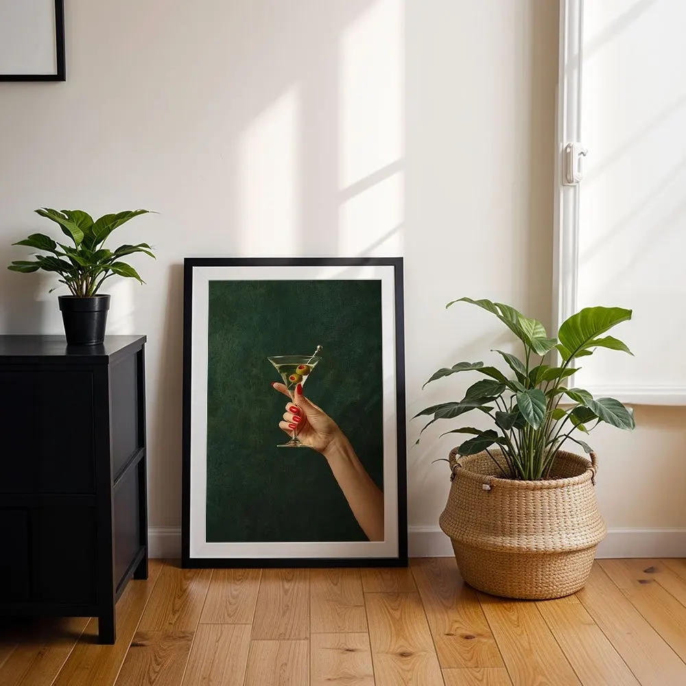 Vintage Dark Green Tone Hand Holding Martini Glass Canvas Wall Decor Picture, 2D Printed Poster Wall Art, Aesthetic Home Decor F