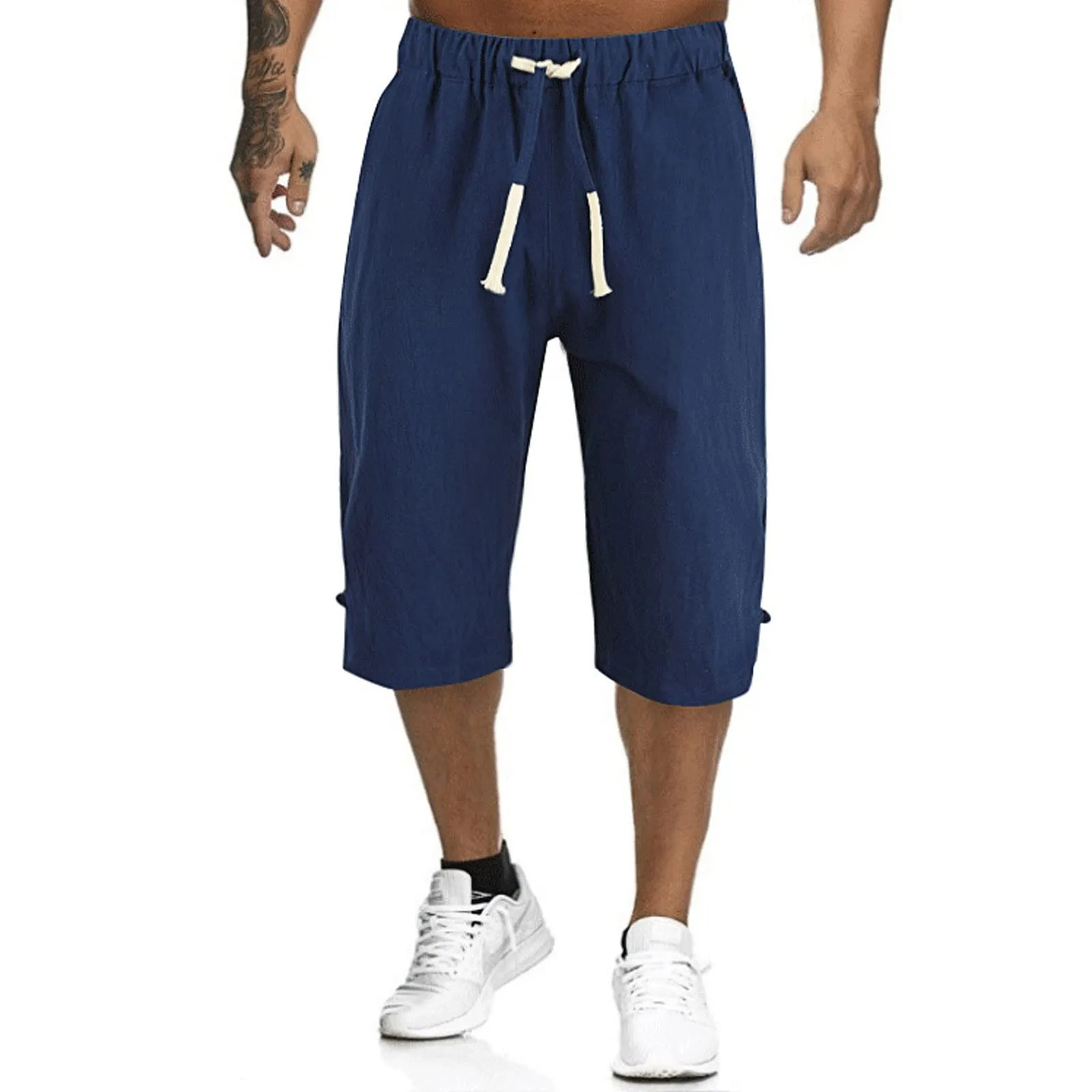 Male Loose Tie Cotton Linen Casual Mid Waist Beach Drawstring Pants Fashion Soft And Breathable Solid Color Cropped Pants