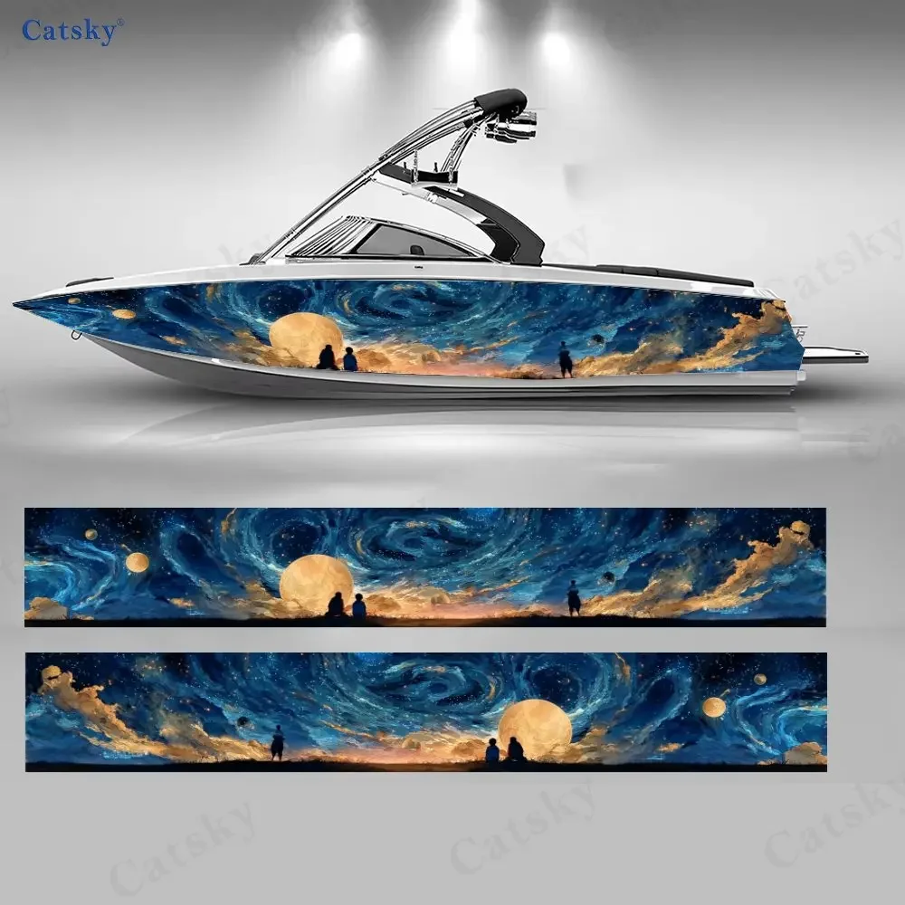 2Pcs Boat Graphic Sticker, Starry Sky Moon Silhouette Design, Waterproof Long-Lasting Material, Suitable for Speedboats Sport