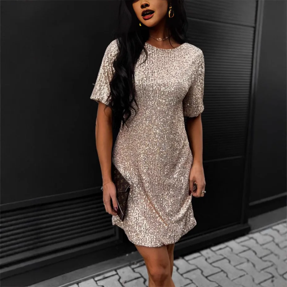 Spring Summer New Sexy Sloping Shoulder Women Party Dress Fashion Pearl Piece Female Short Sleeved Dresses