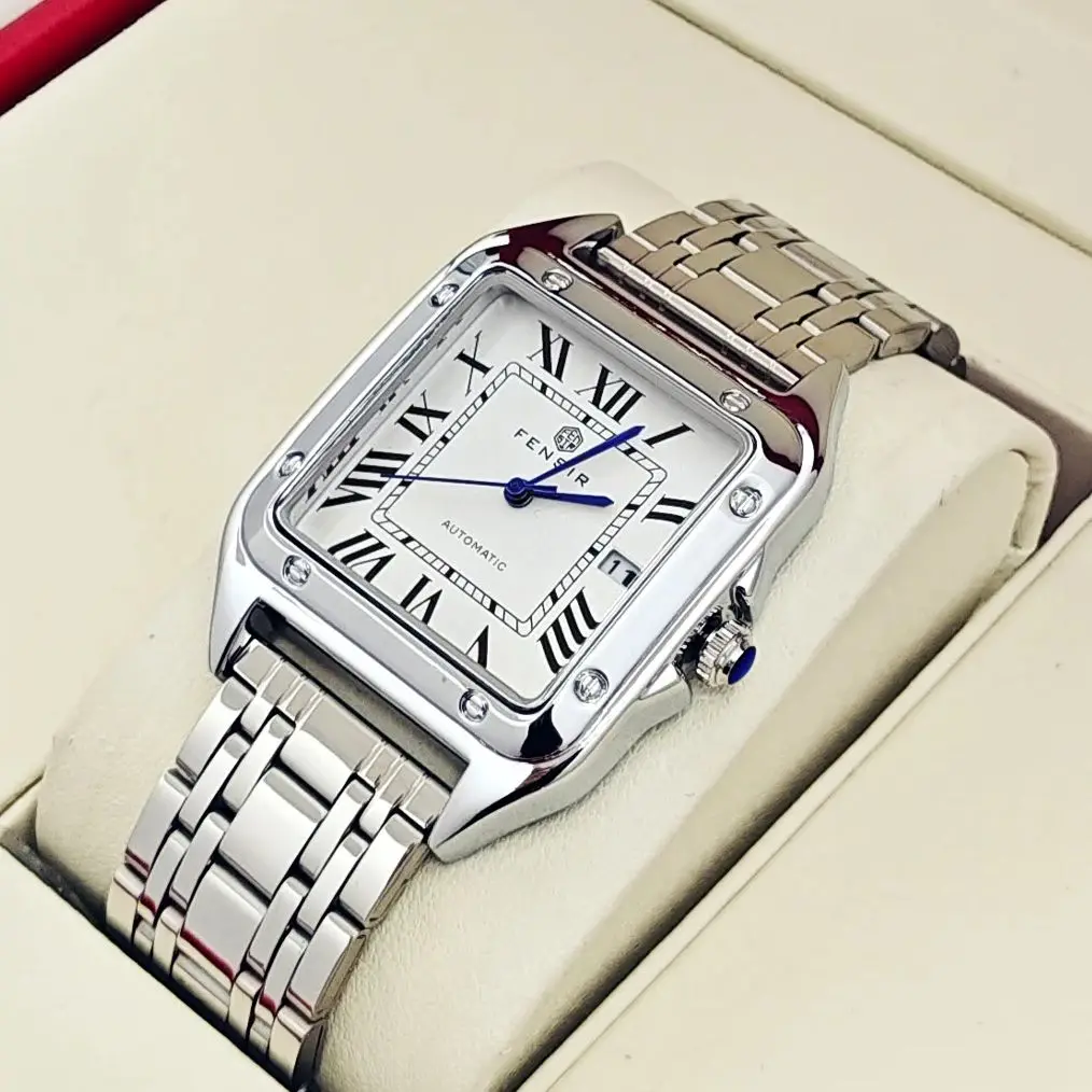 Luxuriöse Santos-Tankuhr für Herren, Kalenderanzeige, Edelstahlarmband, hochwertige, kleine, quadratische Herrenuhr, modische Business-Casual-Vielseitige, trendige Herrenarmbanduhr, das beste Geschenk für Ihn