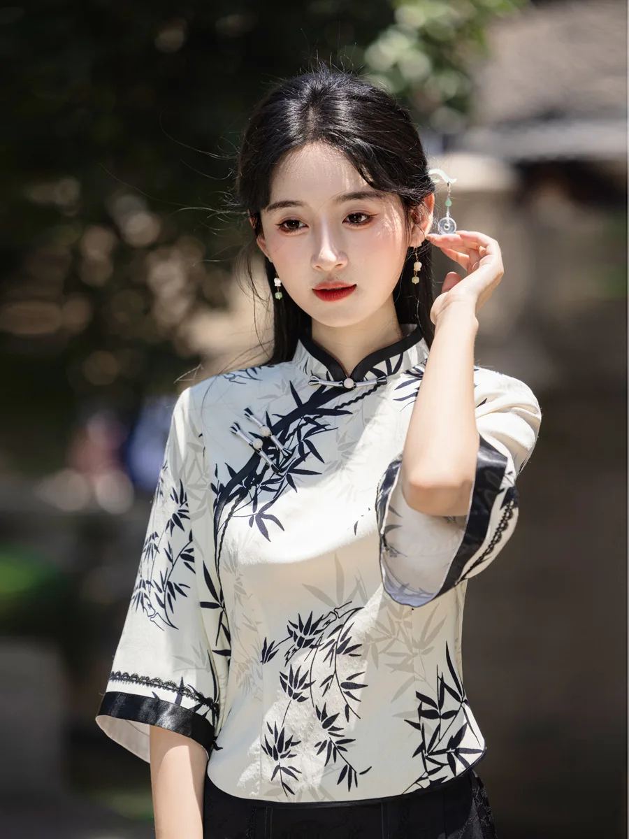 

Vintage Printing Shirt Women Chinese Traditional Cheongsam Tops Blouse Summer Elegant Novelty Hanfu Tops Student Clothes