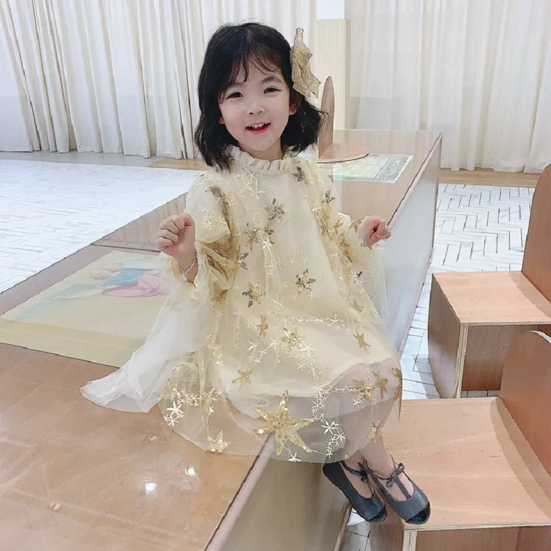 Spring Autumn Baby Girls Star Sequins Shawl Patchwork Long-Sleeved 3 Layers Gauze Dresses Kids Sweet Skirt Children Outfit 2-8Yr