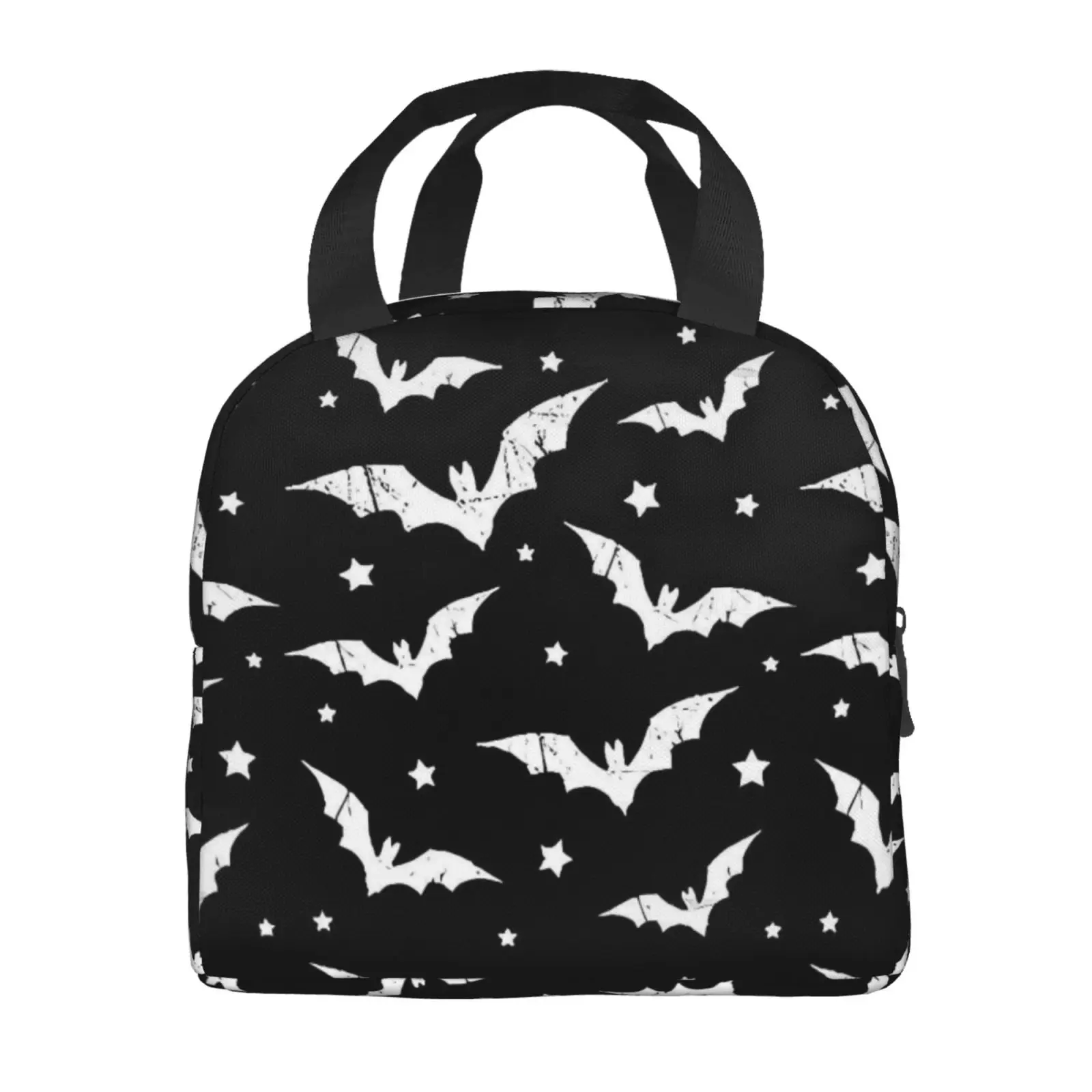 Vintage Distressed Bat & Star Print Insulated Lunch Bag, Portable Thermal Cooler Handbag for Work Picnic Travel