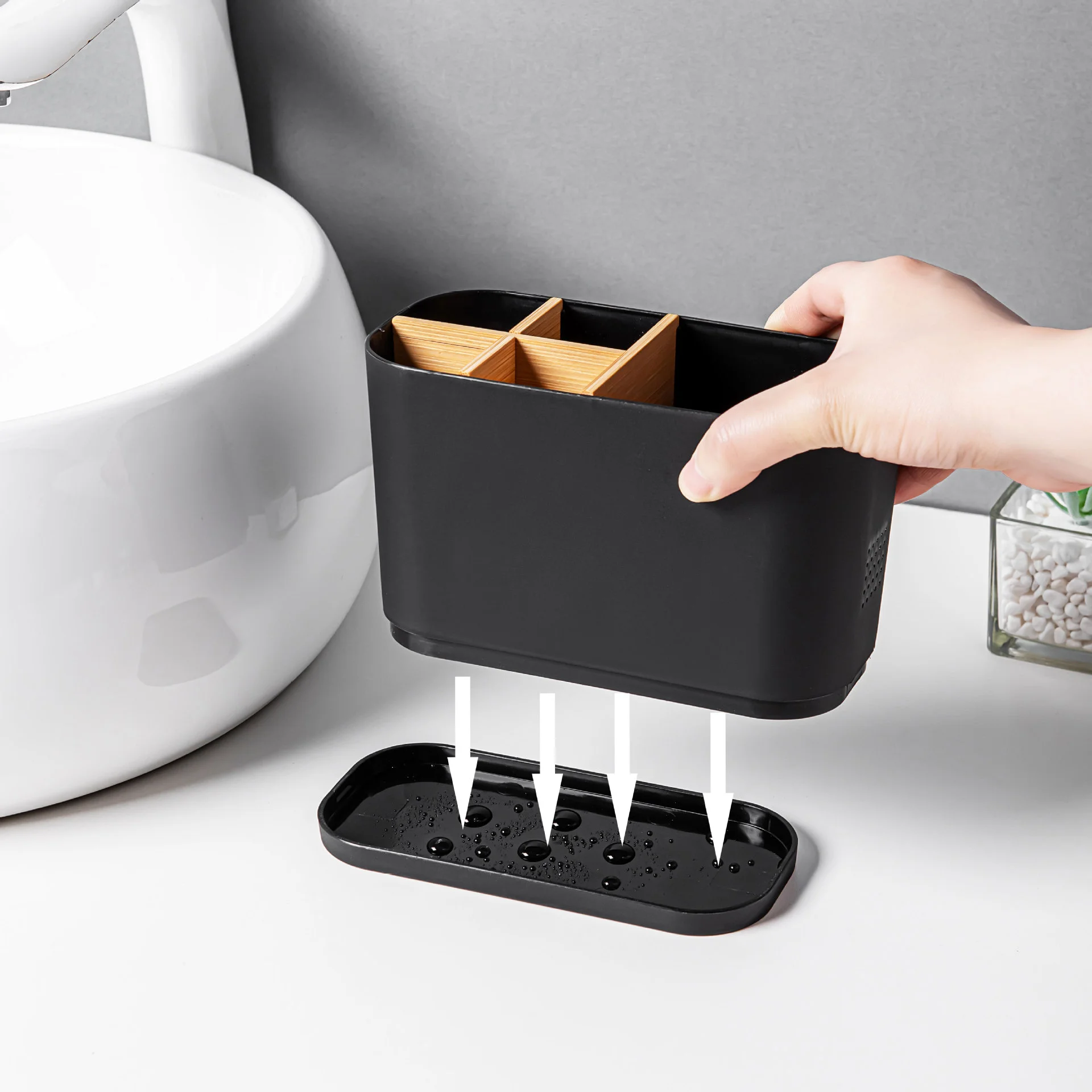 QA Bathroom Electric Tootbrush Holder Organizer with Drain Tray, Toothpaste & Makeup Storage Rack, Countertop Organizer