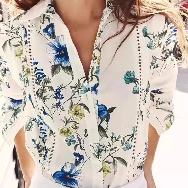 

Лето 2024, женский повседневный свободный топ с цветочным принтом irt Ele Ladylike Sle Long Sve с квадратным воротником, универсальный модный топ