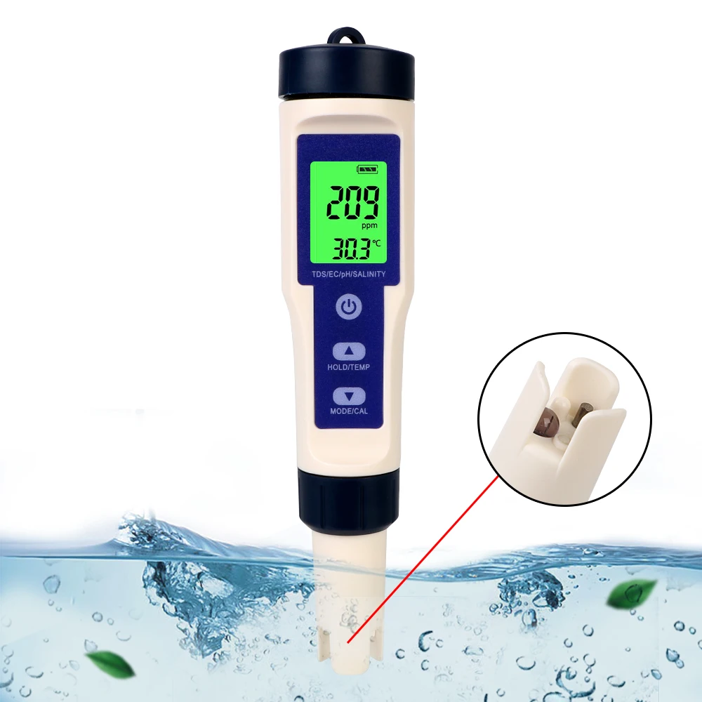 5 in 1 PH/TDS/EC/SALT/TEMP Temperature Hydrogen-rich Meter Water Quality Detector Purity Measure Tool