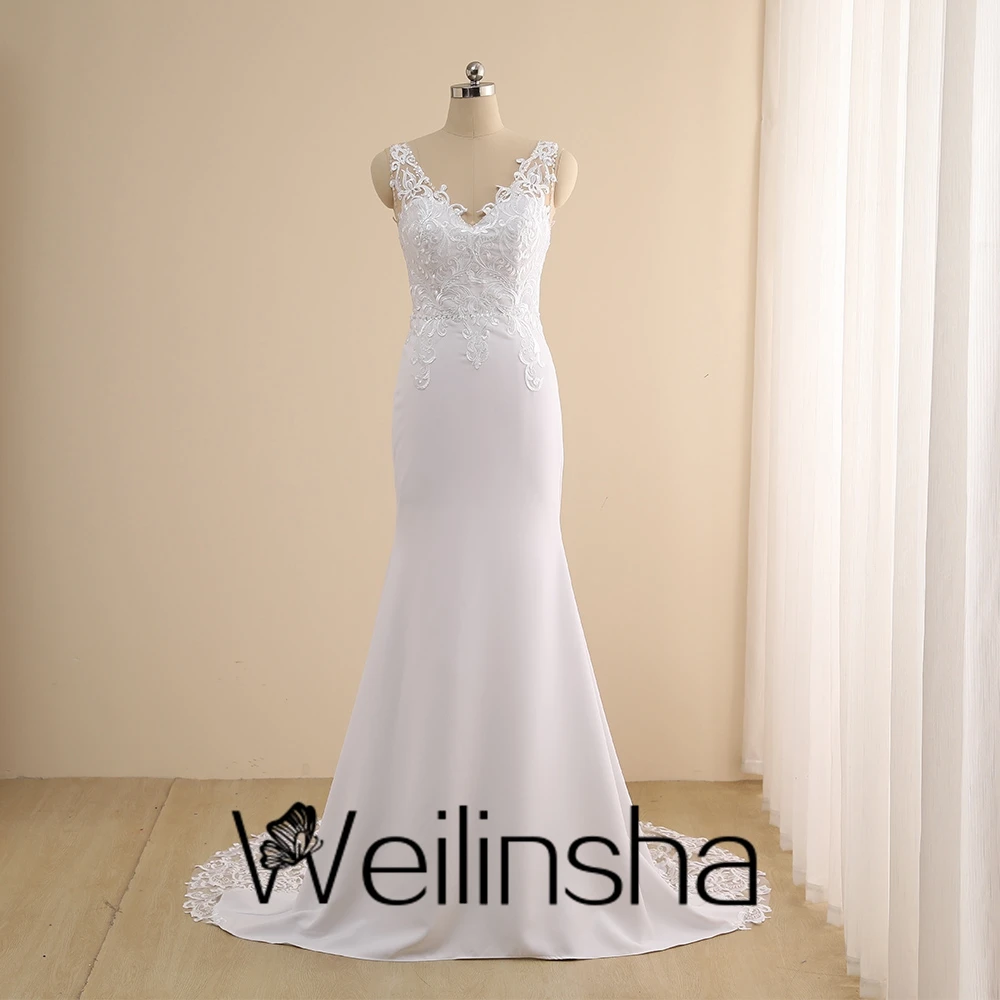 Personalizado weilinsha boné manga bainha lindo vestidos de casamento para as mulheres 2022 rendas até o chão sem mangas vestidos de noiva jérsei