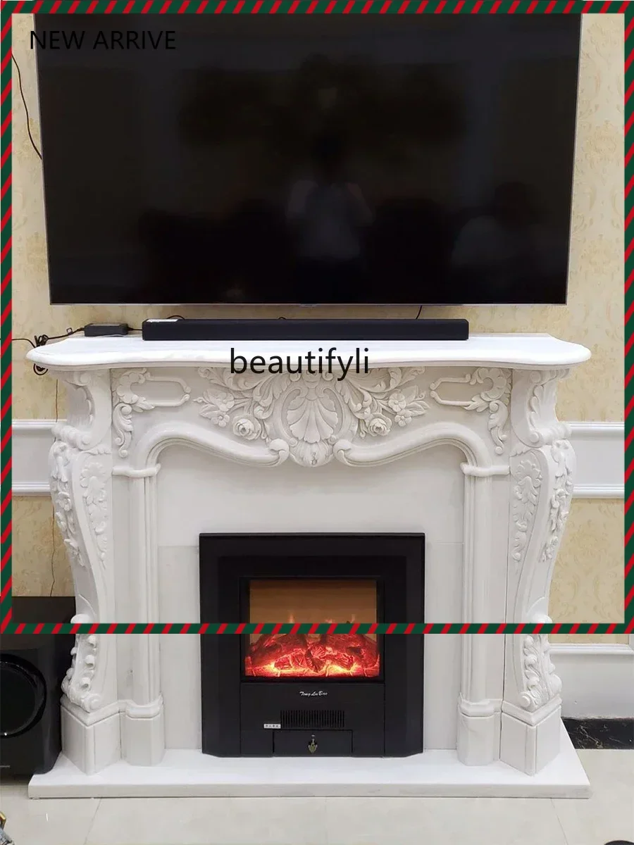 

KK32 Marble Fireplace European Style White Marble Material Carved American Embossed Flower Simple Living Room Background Wa