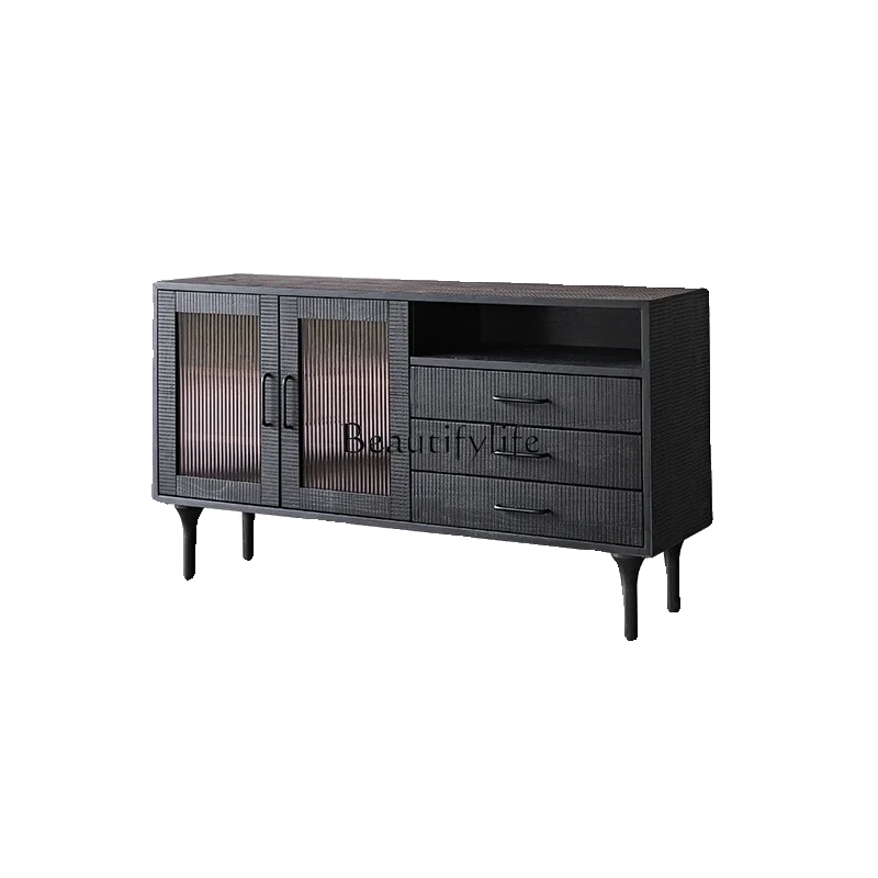 

05-*Modern simple solid wood tea cabinet against the wall storage Japanese-style wabi sabi B & B black retro dining side cabinet