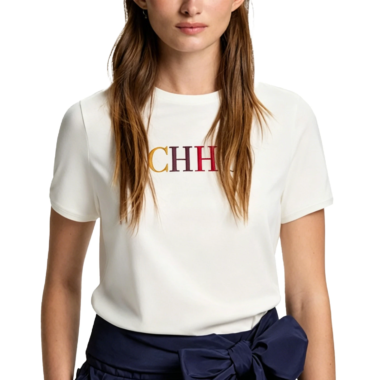 CH Damen-T-Shirt, weiß, kurzärmelig, schmale Passform, Rundhalsausschnitt, farbige Buchstabenstickerei, atmungsaktive Baumwolle, Alltags-Freizeitoberteil – Detail 6