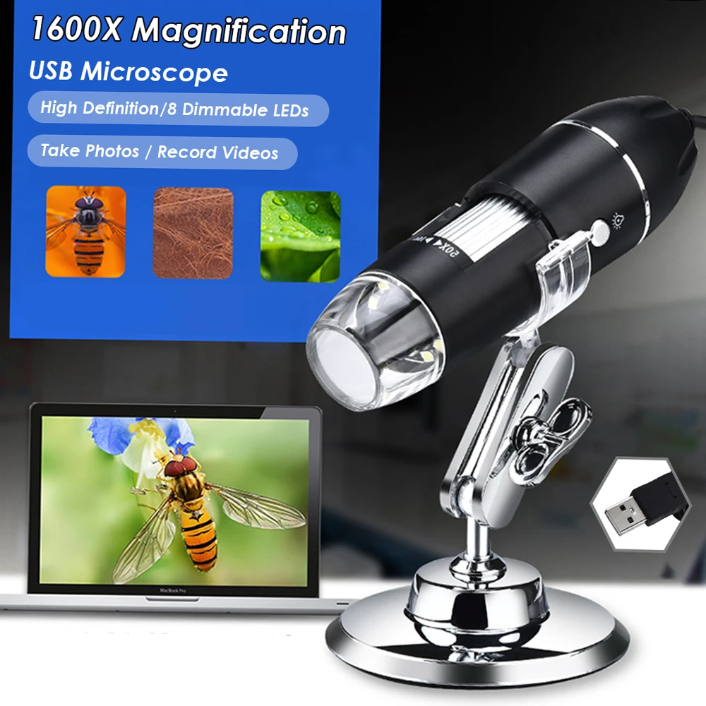 USB Digital Microscope 1600X Magnification Camera 8 LEDs with Stand Compatible with Android Windows/ XP Win 7 8 10 Vista Linux