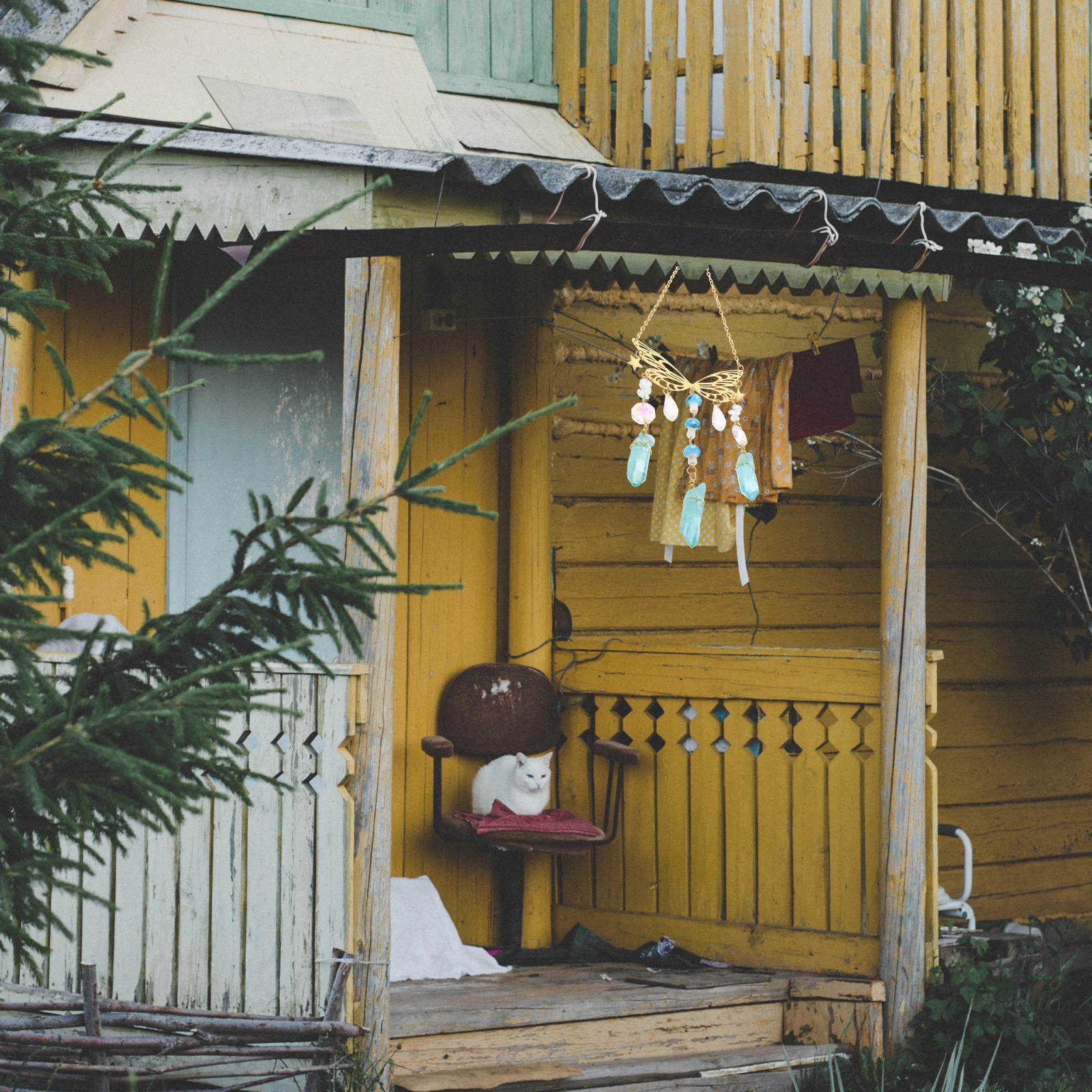 

Mushroom Moon Pendant Wind Chime Metal Stone Crystal Craft Hanging Decor For Garden Balcony Outdoor Patio Temple Butterfly