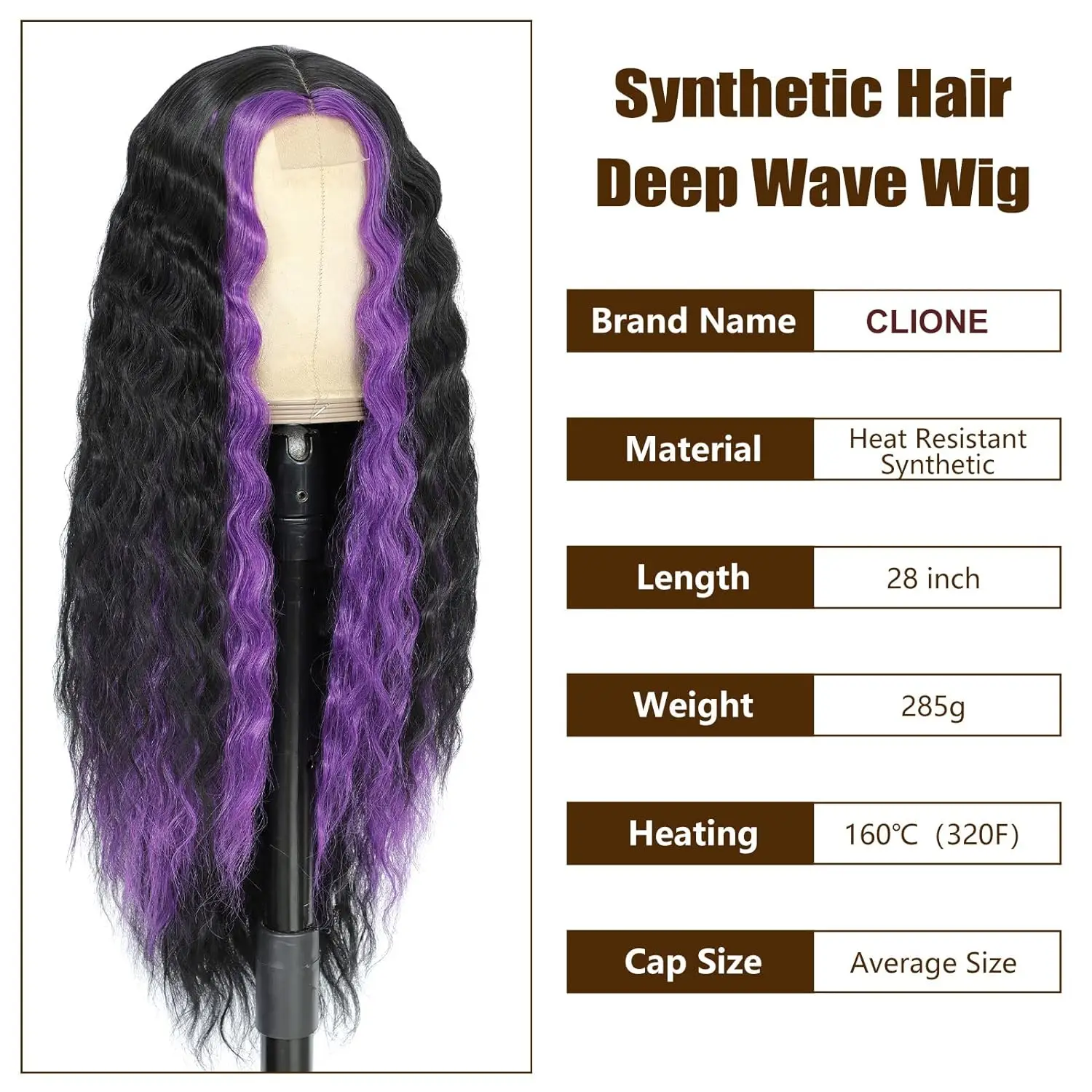 Deep Wave Wig 28 Inches Synthetic Curly Wig for Women with Purple Highlights Natural Crimps Curls Skunk Stripe Lace Front Wig