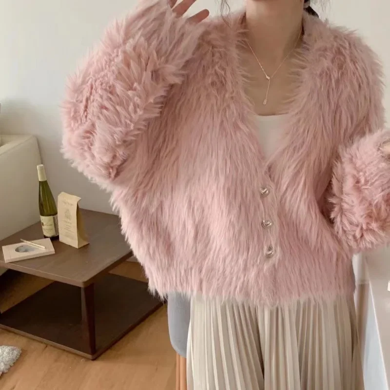 Gagaok Autumn Winter Knitted Cardigan Women Plush Coat Imitation Mink Candy Color Sweet Sweater Coat Gentle Knitwear Clothes