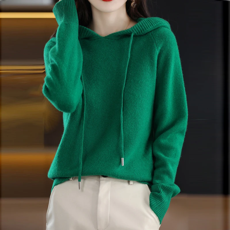 Women Warm Wool Hooded Pullover Sweaters Autumn Winter Solid Color Jumper Korean Fashion Cashmere Knitted Hooded Tops