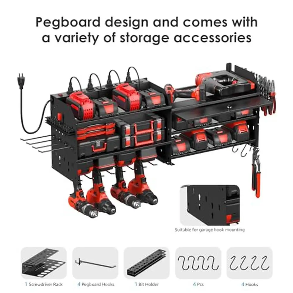 Organizador de ferramentas elétricas com estação de carregamento, brocas e suporte de bateria, montagem na parede, armazenamento de armário, prateleira de garagem, rack utilitário