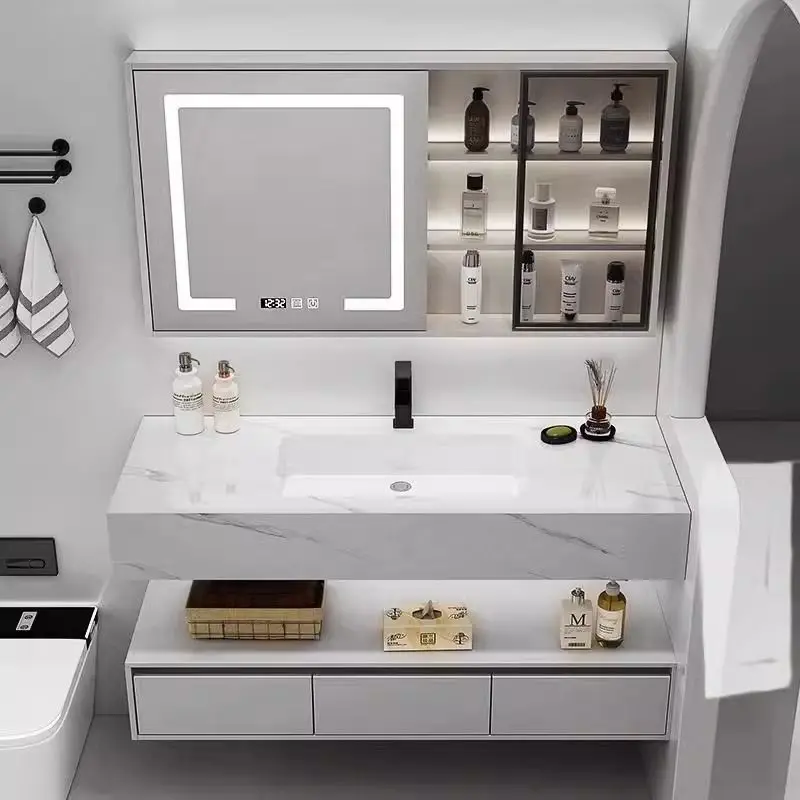 Simple light luxury rock slab seamless splicing ceramic integrated basin multi-layer solid wood bathroom bathroom