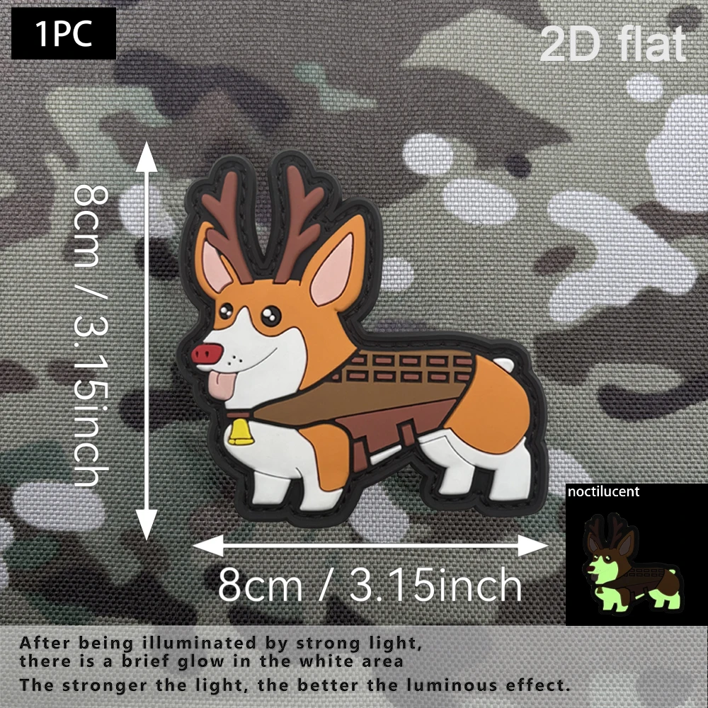 Cute Red-Nosed Deer Antler Tactical Strap Corgi 1Pc Rubber Glow-In-The-Dark Effect Velcro Patch with Matching Plush Surface, Full Coverage Black Edge Layered Soft Rubber, Suitable for Tactical Vests, Backpacks, Baseball Caps, Various Clothing Accessories, Daily Wear view 2