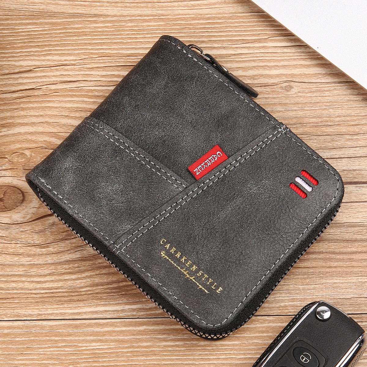 2024 new men\'s wallet short horizontal style fashion stitching three fold zipper pocket pocket multi-functional retro casua