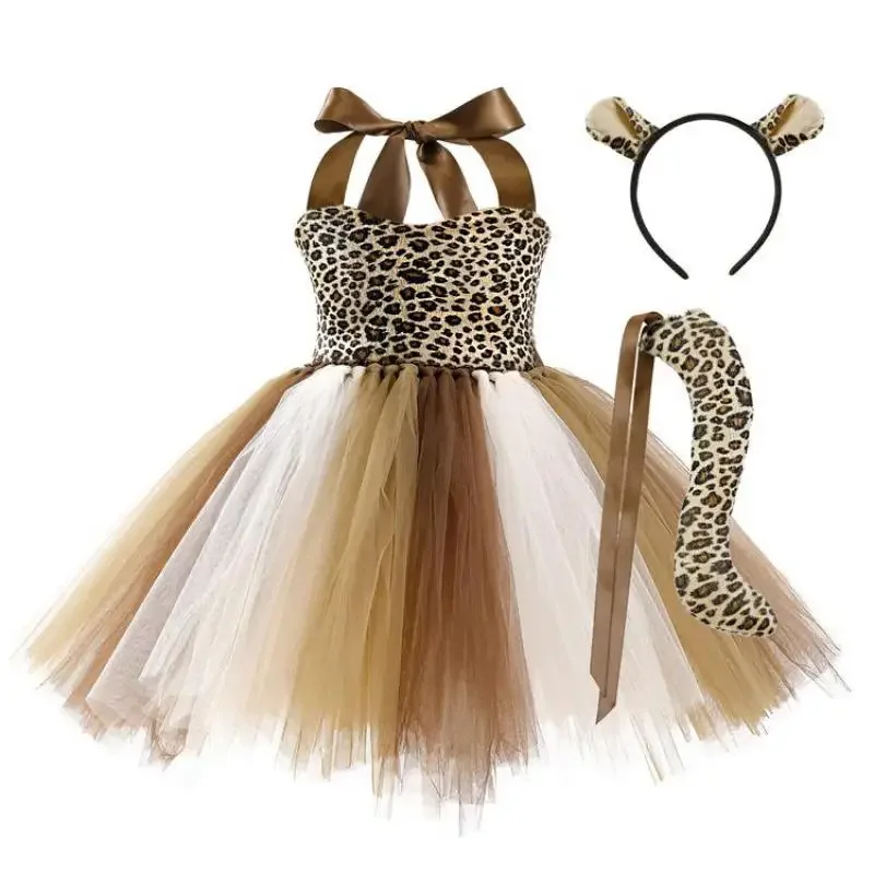 Girls Jungle Animal Tutu Dress for Halloween Costume Tiger Giraffe Cows Cosplay Birthday Party Clothing Kids Performance Dresses