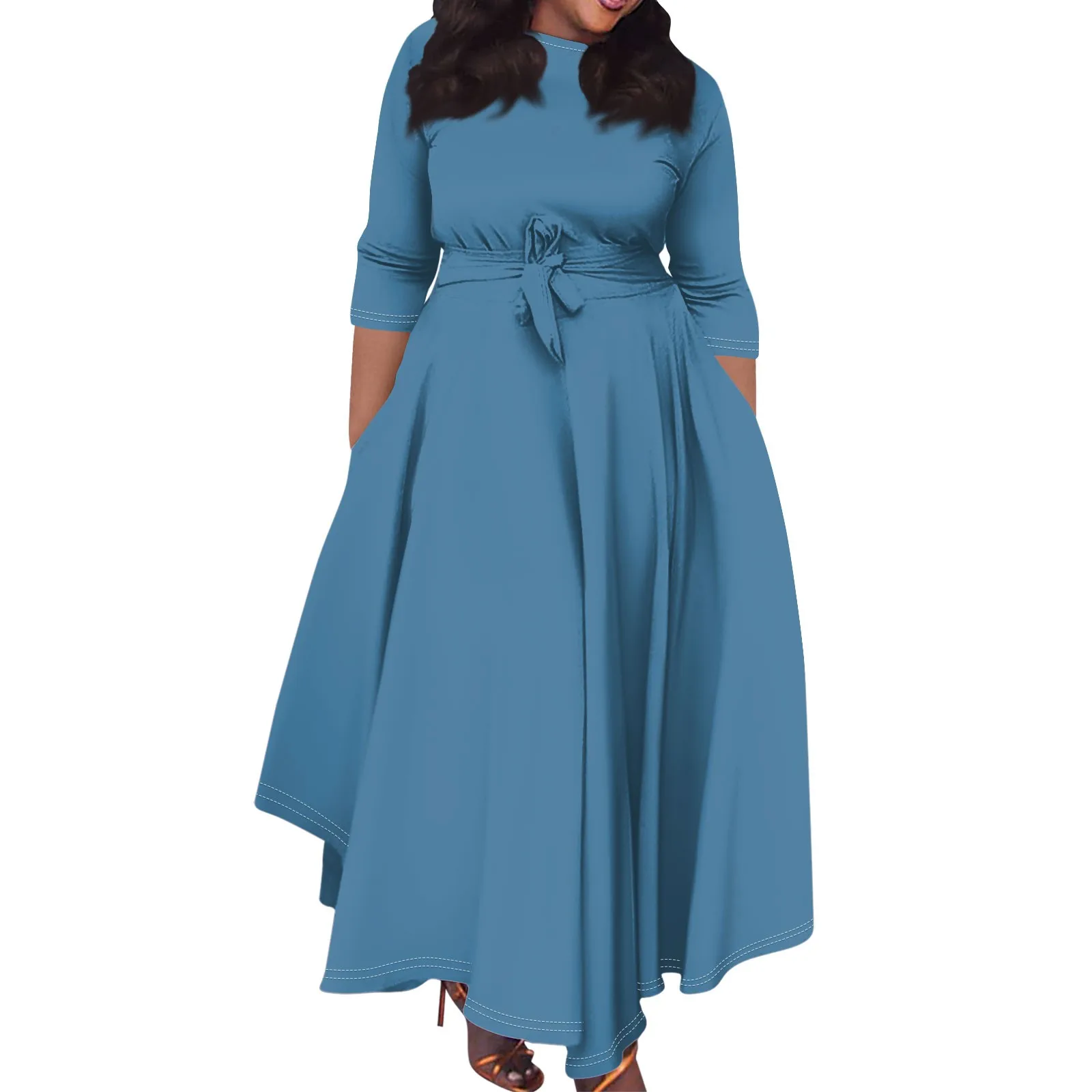 Large Size Ladies' Loose Cotton A-line Dress Round Neck Solid Color  Simple Style 3/4 Sleeve Loose Casual Commuting Long Skirt