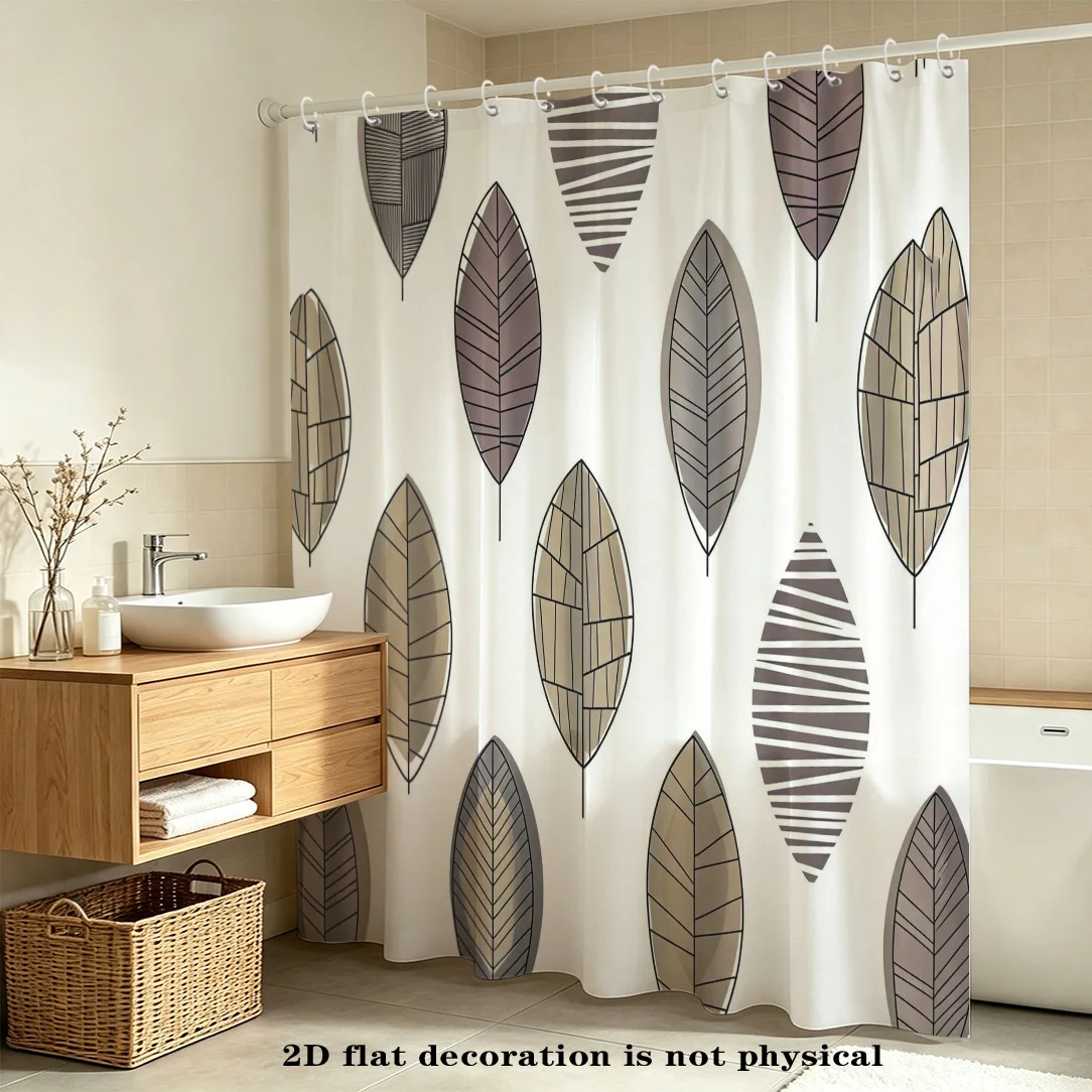 2D Flat, 2D Flat Shower Curtain, 1pc, Simple Leaf Pattern Shower Curtain with Hooks, Multiple Sizes Available, Bathroom Partitio