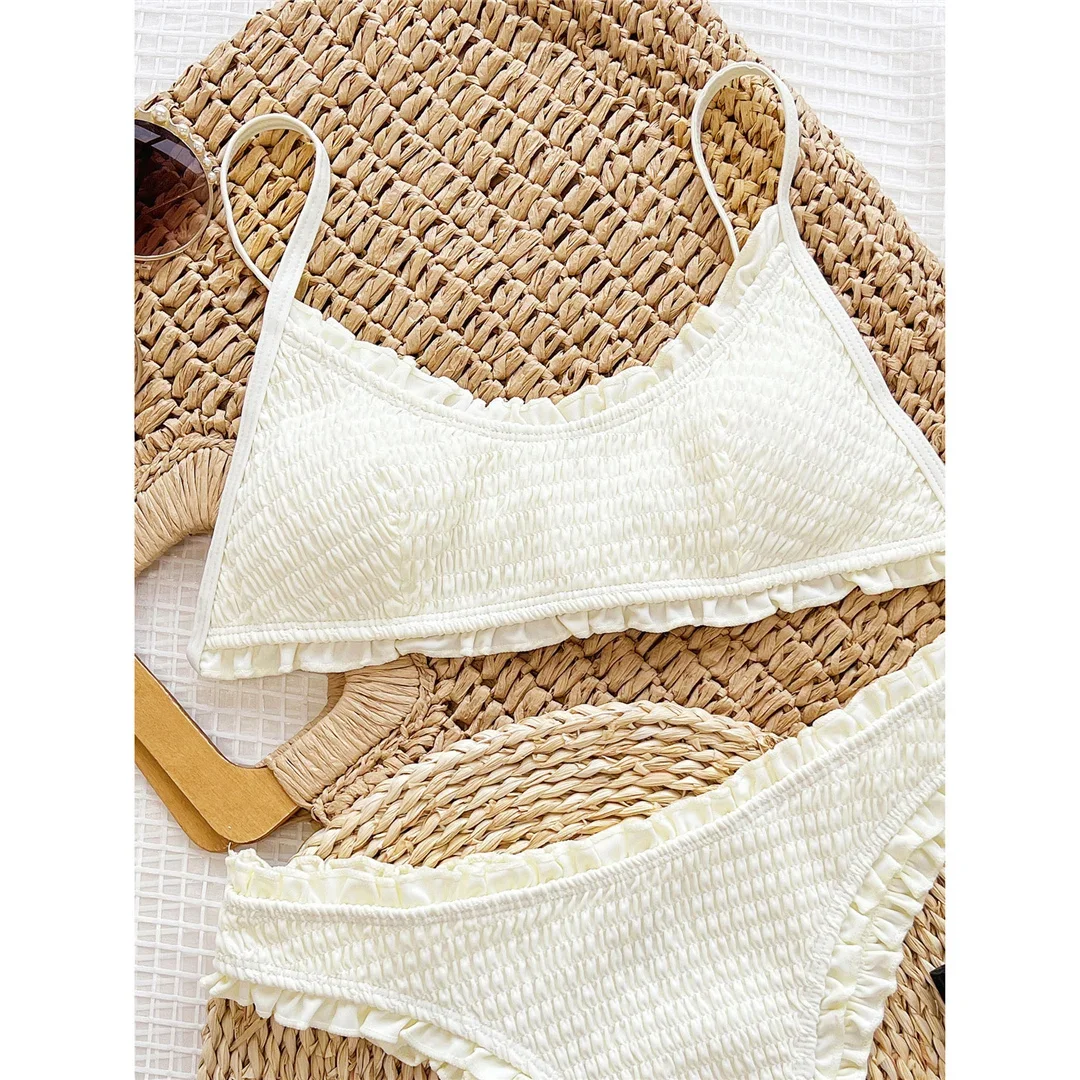 Frilled Babados Bikini para Mulheres, Enrugado, Mid Cintura, Swimwear Feminino, Maiô, Fato De Banho, Conjunto De Biquíni De 2 Peças, Banhista, Natação, V5844